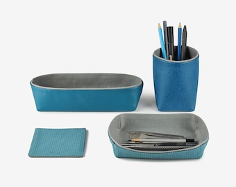 Desk Organizer Set of 4 Items Office Organization Home Décor Gifts - Storage Box Pencil Holder Desk Tray Coaster, Blue