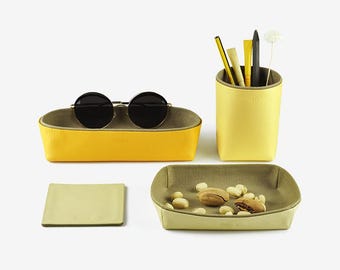 Desk Organizer Set of 4 Items Office Organization Home Décor Gifts - Storage Box Pencil Holder Desk Tray Coaster, Yellow