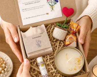 Personalized Self Care Gift Box for Her – Soy Candle, Crochet Sunflower, Lip Balm, Birthday Gift Set