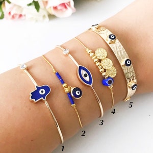 Blue Evil Eye Bracelet, Best Friend Gift Bracelet, Gold Cuff Bracelet, Everyday Bracelet Stack, Protective Evil Eye Bracelet