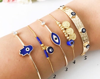 Blue Evil Eye Bracelet, Best Friend Gift Bracelet, Gold Cuff Bracelet, Everyday Bracelet Stack, Protective Evil Eye Bracelet