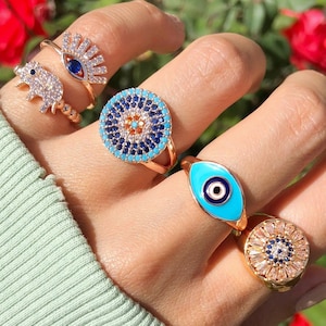 Blue Evil Eye Ring, Gold Adjustable Ring Collection, Evil Eye Jewelry, Turkish Evil Eye, Everyday Jewelry, Protection Rings, Nazar Boncuk