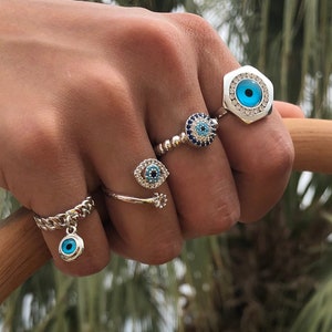 Adjustable Silver Evil Eye Ring, Blue Evil Eye Ring, Dainty Evil Eye Jewelry Ring, Turkish Nazar Joint Rings, Protective Jewelry