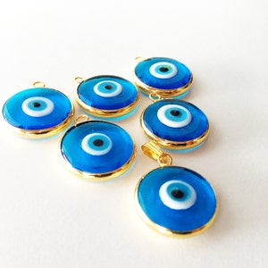 2pcs gold plated evil eye pendants, turquoise evil eye pendant, 22mm turkish handmade evil eye charms, glass evil eye charms, 24K gold eye image 2