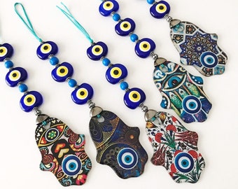 Colgante de pared de mal ojo, colgante de pared de hamsa, colgante de pared de mosaico, decoración de pared de hamsa, cuenta de mal de ojo turco, amuleto de mano de hamsa de vidrio, decoración del hogar