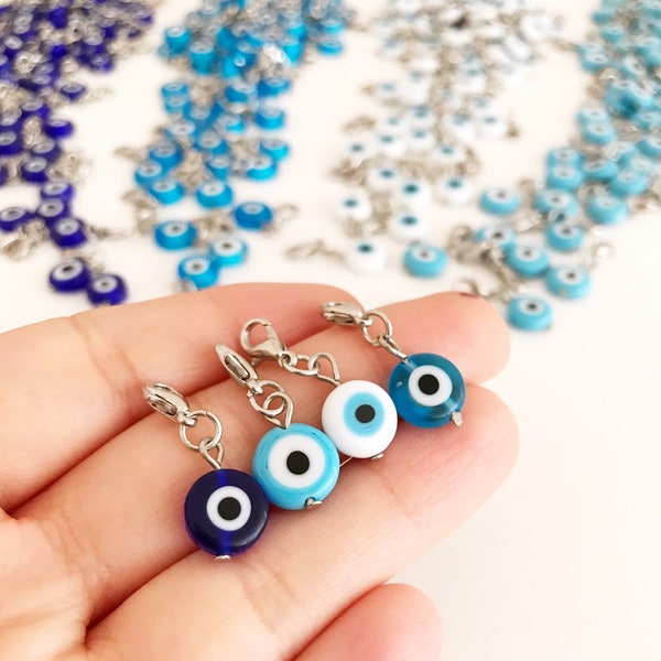 Evil eye charm, silver evil eye charm with lobster clasp, 10mm evil eye beads, dangle beads, evil eye bracelet charm, keychain charm,