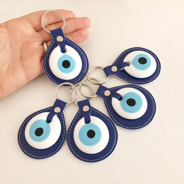 Blue Leather Evil Eye Keychain, White Evil Eye Beads, Housewarming Gift for Couple, Evil Eye Keyring, Xmas Gift for Friend