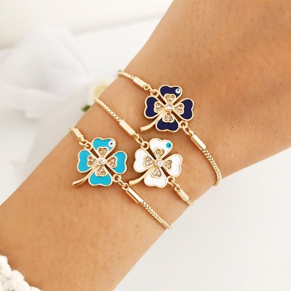 Evil eye bracelet, clover bracelet, gold bracelet, evil eye jewelry, greek evil eye bracelet, four leaf clover bracelet, greek jewelry, blue