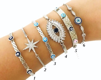 Evil eye bracelet, bangle bracelet, cuff bracelet, evil eye beaded bracelet, elegant silver bracelet, star bracelet, evil eye greek jewelry