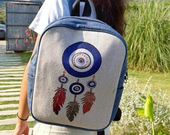 Mochila de lona Boho Evil Eye: mochila de viaje azul y blanca
