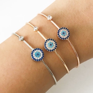 Elegant Evil Eye Bracelet, Evil Eye Bangle Bracelet, Dainty Evil Eye Bracelet, Cuff Bracelet Gold Silver Rose, Greek Evil Eye Jewelry