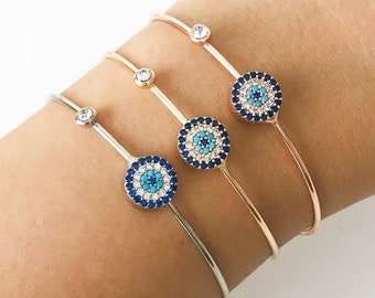 Elegant Evil Eye Bracelet, Evil Eye Bangle Bracelet, Dainty Evil Eye Bracelet, Cuff Bracelet Gold Silver Rose, Greek Evil Eye Jewelry