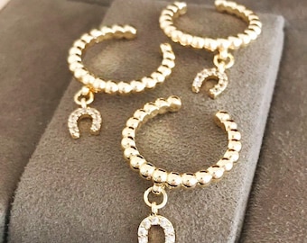 Gold Adjustable Horseshoe Ring, Tiny Dangle Charm, Good Luck Jewelry, Lucky Charm Ring, Unique Gift for Her, Christmas Gift Idea