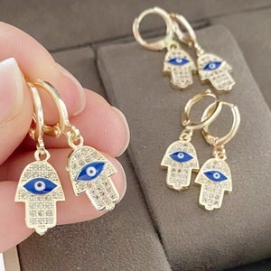 Hamsa Hoop Earrings with Evil Eye, Gold Dangle Earrings, Greek Evil Eye Jewelry, Hamsa Hand Design Earrings, Birthday Gift for Friend