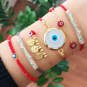 Red Greek Evil Eye Bracelet, Murano Glass Evil Eye Bracelet, Adjustable Gold Bracelet, Dainty Bracelet with Seed Beads, Evil Eye Xmas Gift