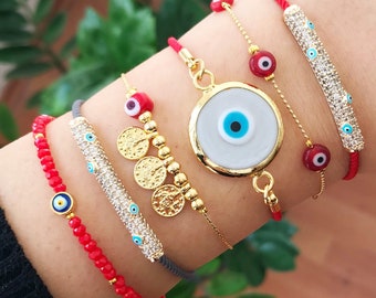 Red Greek Evil Eye Bracelet, Murano Glass Evil Eye Bracelet, Adjustable Gold Bracelet, Dainty Bracelet with Seed Beads, Evil Eye Xmas Gift