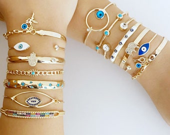 Evil Eye Cuff Bracelet, Greek Evil Eye Jewelry, Gold Bangles, Birthday Gift for Her, Christmas Gift Ideas for Women