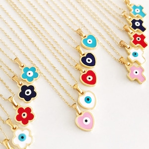 Enamel Evil Eye Necklace, Dainty Evil Eye Charm Necklace, Cross Necklace, Evil Eye Jewelry with Flower and Heart Charm, Birthday Gift Her