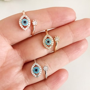 Minimalist Adjustable Evil Eye Ring, Zircon Evil Eye Charm Ring, Adjustable Minimalist Ring in Gold Silver Rose, Joint Rings Everyday Wear