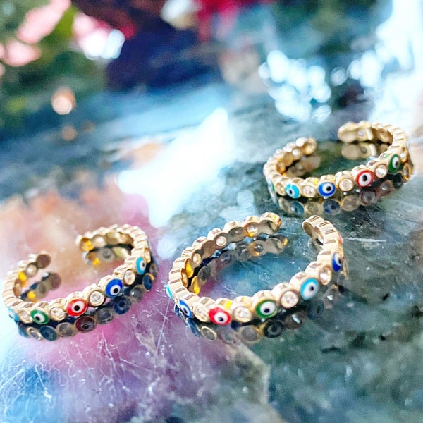 Tiny Multicolor Evil Eye Ring, Gold Adjustable Ring, Blue Red White Evil Eye Bead, Evil Eye Jewelry, Open Ring, Positive Energy Ring, Nazar
