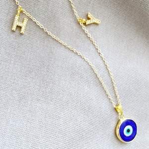 Personalized Name Necklace, Evil Eye Necklace, Gold Initial Necklace, Letter Necklace, Custom Necklace, Evil Eye Jewelry, Gift for Her