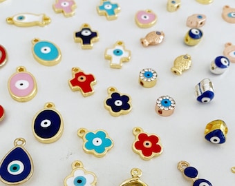 Evil Eye Charm, Gold Silver Evil Eye Pendant, Evil Eye Enamel Beads, Blue Turkish Evil Eye, Gold Brass Charm, DIY bracelet, BULK Supply