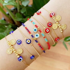 Minimalist Gold Evil Eye Bracelet with Blue and Red Bead, Greek Evil Eye Jewelry, Gold Chain Bracelet for Protection, Dainty Bracelet Gift