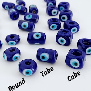 Blue Glass Evil Eye Beads, BULK Murano Beads, Cube Tube Round Shape Beads, Evil Eye Jewelry DIY Supply, Blue Pandora Charm, Greek Evil Eye