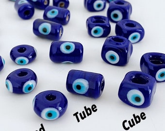 Blue Glass Evil Eye Beads, BULK Murano Beads, Cube Tube Round Shape Beads, Evil Eye Jewelry DIY Supply, Blue Pandora Charm, Greek Evil Eye