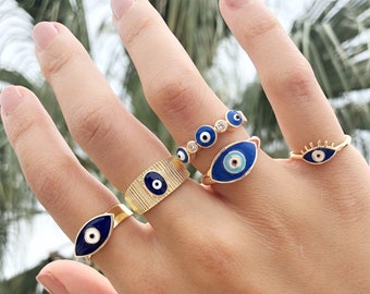 Blue Evil Eye Ring, Gold Adjustable Ring, Delicate Ring Gifts for Women Girls, Greek Ring