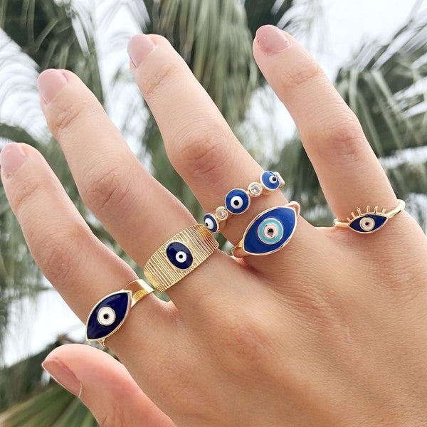 Blue Evil Eye Ring, Gold Adjustable Ring, Delicate Ring Gifts for Women Girls, Greek Ring