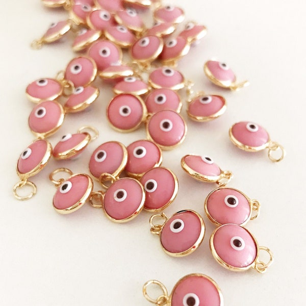 Pink evil eye charm, 10mm, evil eye necklace, glass evil eye bead, greek evil eye, gold evil eye charm, necklace charm, diy jewelry supply