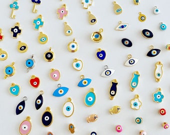 Evil Eye Charm, Brass Evil Eye Bead, Gold Silver Evil Eye Pendant, Evil Eye Enamel Beads, Blue Turkish Evil Eye, DIY Evil Eye Necklace