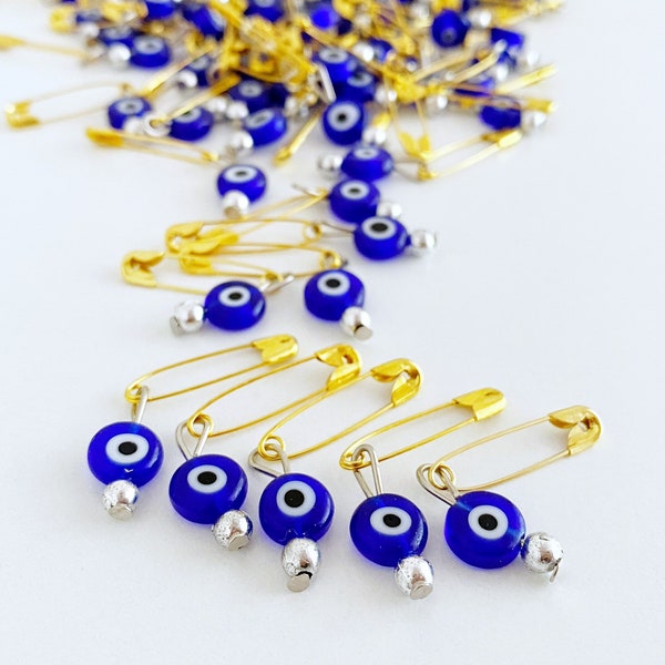 Evil Eye Safety Pins, BULK 5 to 100 pcs, Wedding Invitation Favor Supplies, Blue Evil Eye Beads Pin, Ojo Beads,  Baby Shower Supplies, Gold