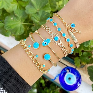 Gold Link Chain Bracelet, Evil Eye Bracelet, Blue Evil Eye Bracelet, Turquoise Bead Chain Bracelet, Hamsa Bracelet, Cuff Evil Eye Jewelry