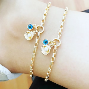 Gold Evil Eye Anklet with Pearl Seashell Charm - Dainty Ankle Bracelet - Boho Beach Jewelry - Protection Gift for Women, Adjustable Anklet