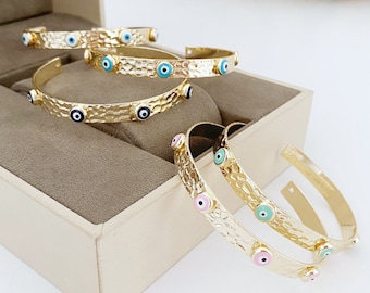 Gold Evil Eye Cuff Bracelet, Evil Eye Beaded Bracelet, Gold Cuff Jewelry for Good Luck, Greek Evil Eye Bangles, Everyday Gold Bracelet