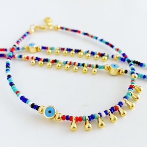 Boho Evil Eye Beach Anklet, Gold Charm Evil Eye Anklet for Surfers, Rainbow Anklet Jewelry, Turkish Evil Eye Jewelry, Birthday Gift for Her
