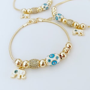 Lucky Charm Evil Eye Bracelet, Gold Chain Bracelet, Evil Eye Jewelry, Elephant Charm Bracelet, Pandora Bracelet, Blue Evil Eye, Luck Bracele