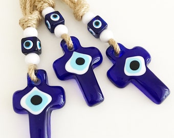 Evil Eye Wall Hanging, Cross Wall Decor, Cross Wall Hanging, Religios Home Decor, Glass Cross Charm, Evil Eye Home Decoration, Turkish Eye