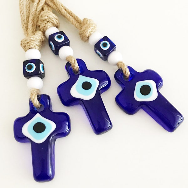 Evil Eye Wall Hanging, Cross Wall Decor, Cross Wall Hanging, Religios Home Decor, Glass Cross Charm, Evil Eye Home Decoration, Turkish Eye