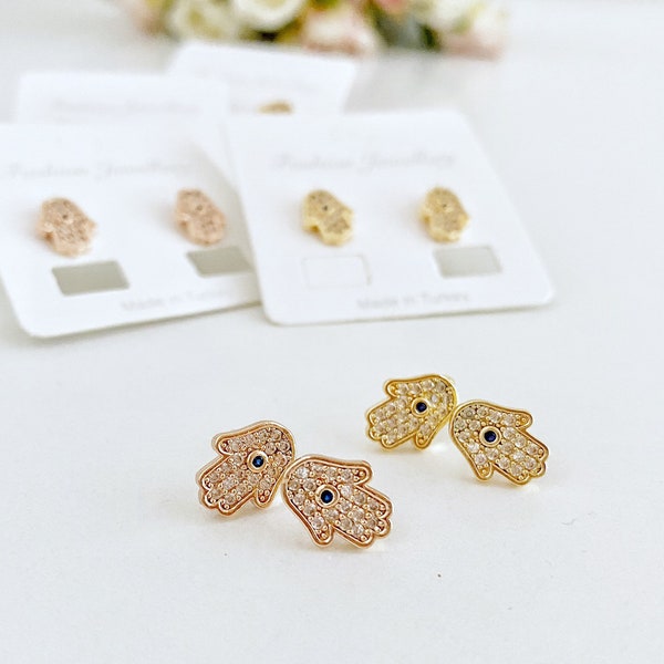 Hamsa earrings, hamsa hand stud earrings, evil eye earrings, rose gold earrings, hamsa jewelry, tiny hamsa post, statement earrings, zircon