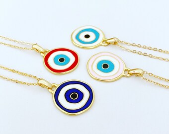 Gold Evil Eye Necklace, Enamel Evil Eye Charm, Gold Evil Eye Charm, Evil Eye Jewelry, Blue White Red Pink Evil Eye Bead, Protection Necklace