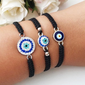 Macrame Evil Eye Bracelet, Adjustable Bracelet with Black String, Zircon Evil Eye Charm, Everyday Bracelet, Unisex Bracelet, Jewelry Gift