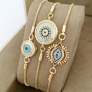 Evil Eye Bracelet, Adjustable Bracelet, CZ Bracelet, Gold Evil Eye Bracelet, Zircon Charm, Blue Evil Eye, Turkish Eye Jewelry, Gift for Her