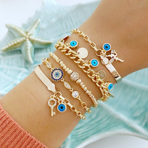 Gold Chain Bracelet, Evil Eye Bracelet, Blue Evil Eye Bead, Greek Evil Eye Jewelry, Turkish Evil Eye, Evil Eye Chain Bracelet, Beaded