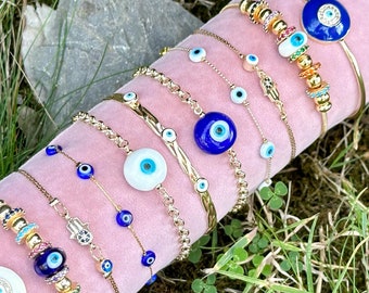 Gold Cuff Bracelet with Blue Evil Eye Bead, Evil Eye Bracelet, Stunning Jewelry Gift for Christmas, Murano Glass Evil Eye Jewelry