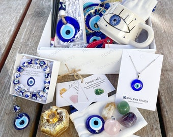 Best Holiday Gift, Evil Eye Gift Box, Cozy Hygge Gift Box with Mug, Evil Eye Bead, Greek Jewelry, Energy Cleansing Gift, Self Care Package