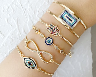 Gold Evil Eye Bracelet, Turkish Evil Eye Jewelry, Cuff Chain Adjustable Bracelet, Hamsa