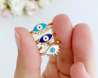 Dainty ring, gold evil eye ring, adjustable ring, minimalist ring, everyday ring, joint ring, evil eye jewelry, blue evil eye bead, greek